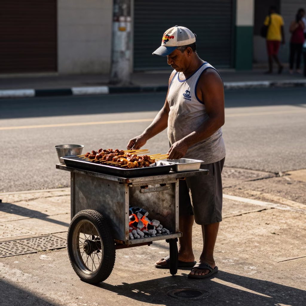 Street Vendor Selling Sate Skewers Over Charcoal in Rio de Janeiro Brazil in in Rio de Janeiro, Brazil