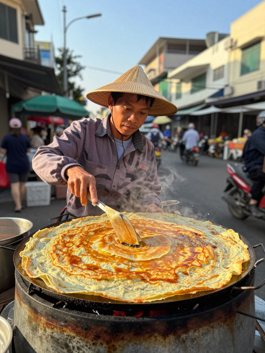 Street Vendor Selling Sizzling Banh Xeo in Ho Chi Minh City Late Afternoon Light in in Ho Chi Minh City, Vietnam