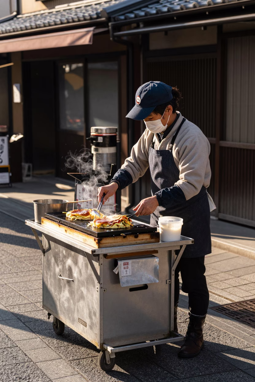 Street Vendor Selling Skillet Food in Fukuoka Japan Early Afternoon in in Fukuoka, Japan
