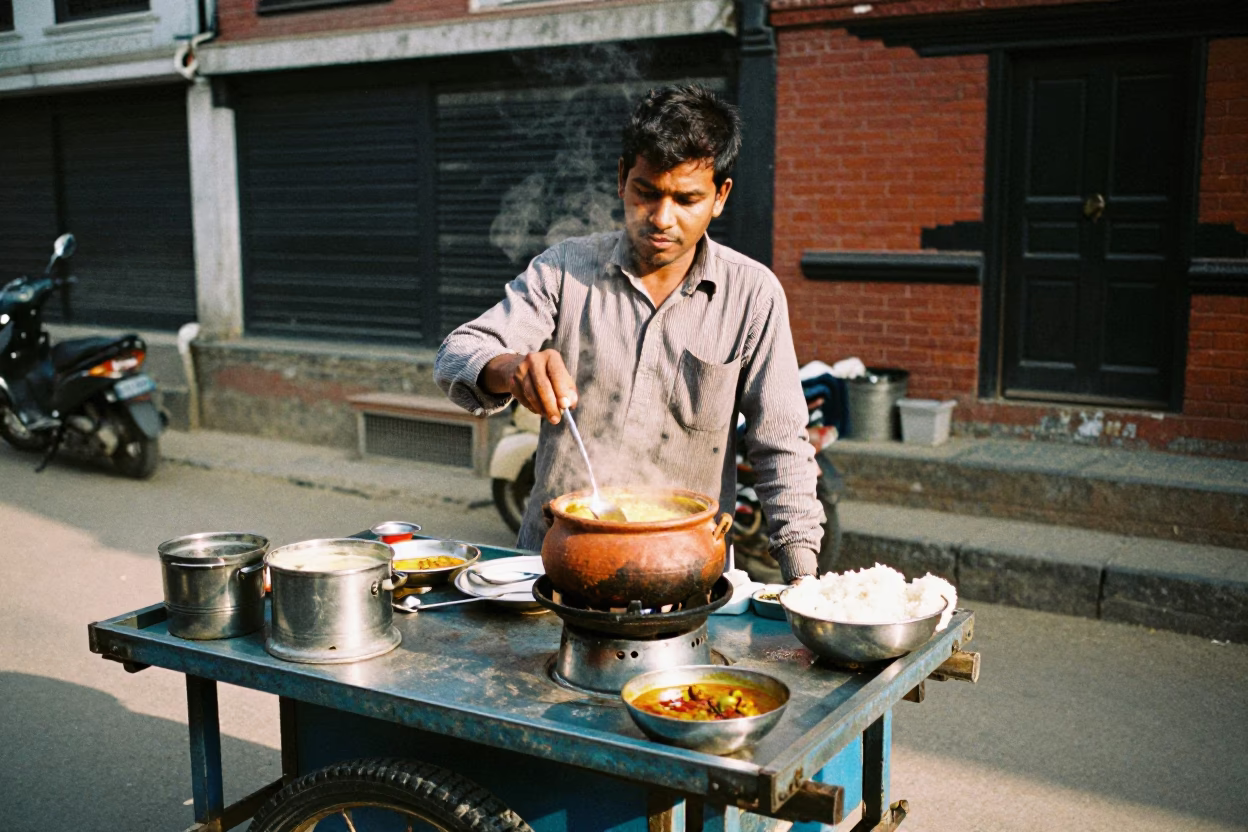 Street Vendor Selling Spiced Kheer and Curry in Kathmandu Nepal Late Morning in in Kathmandu, Nepal