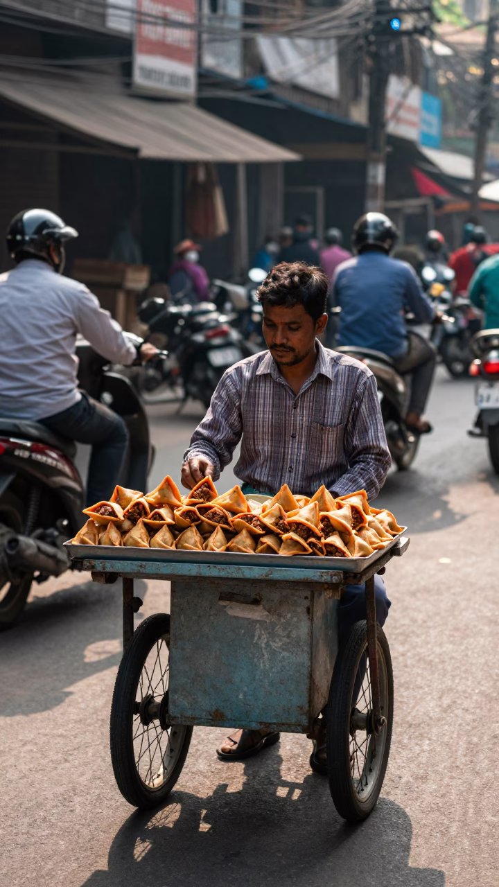 Street Vendor Selling Spiced Meat Sambusa in Kolkata India Early Afternoon in in Kolkata, India
