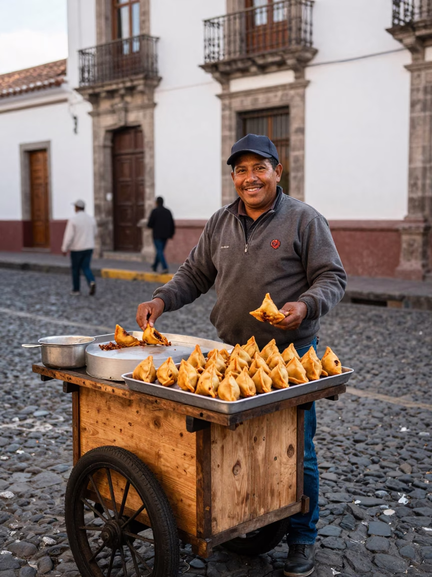 Street Vendor Selling Spiced Meat Sambusas in Historic Quito Early Afternoon in in Quito, Ecuador