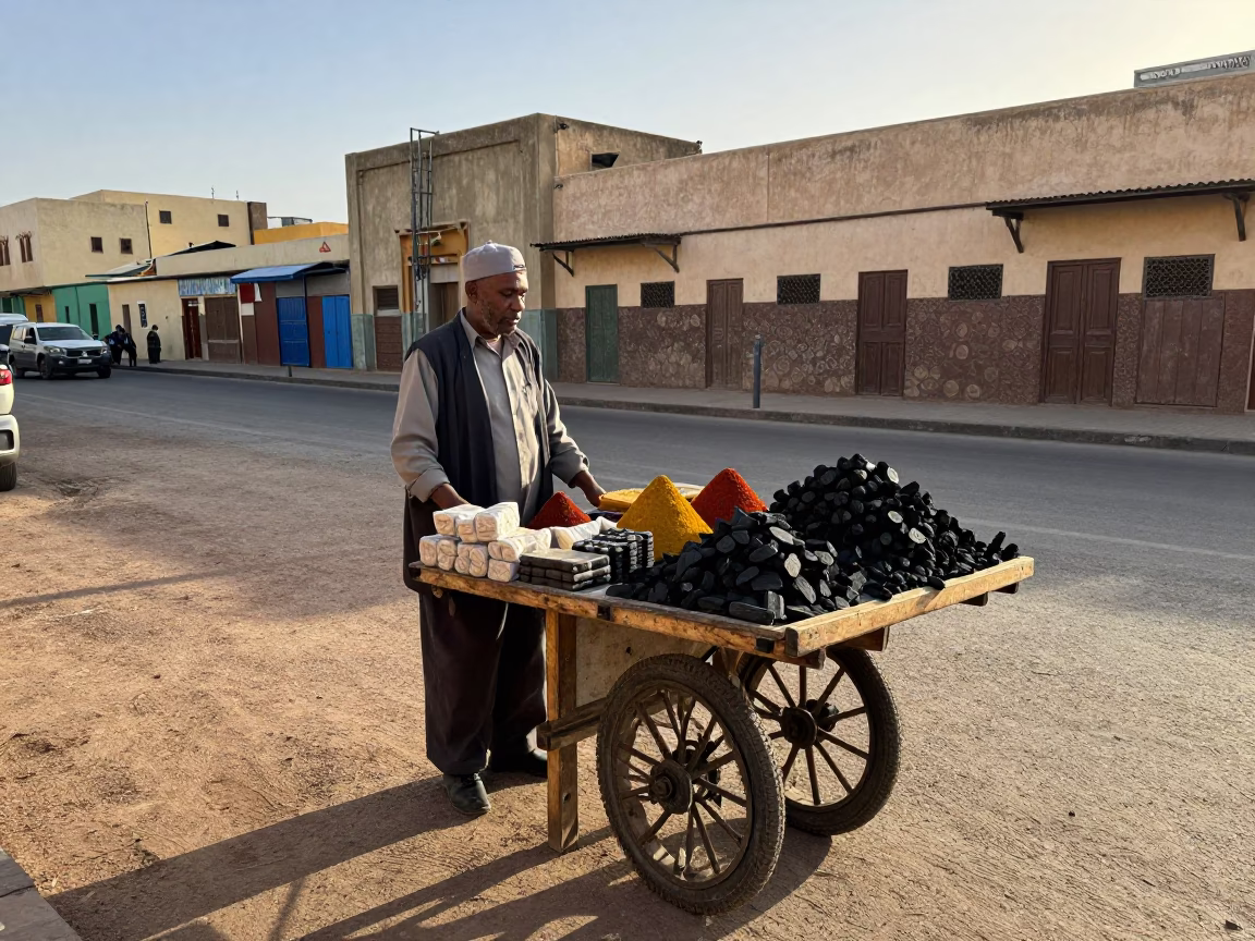 Street Vendor Selling Spices and Charcoal in Casablanca Morocco Late Afternoon Light in in Casablanca, Morocco
