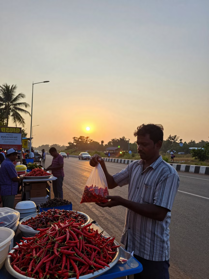 Street Vendor Selling Spicy Chili Peppers in Kochi India at Sunset in in Kochi, India