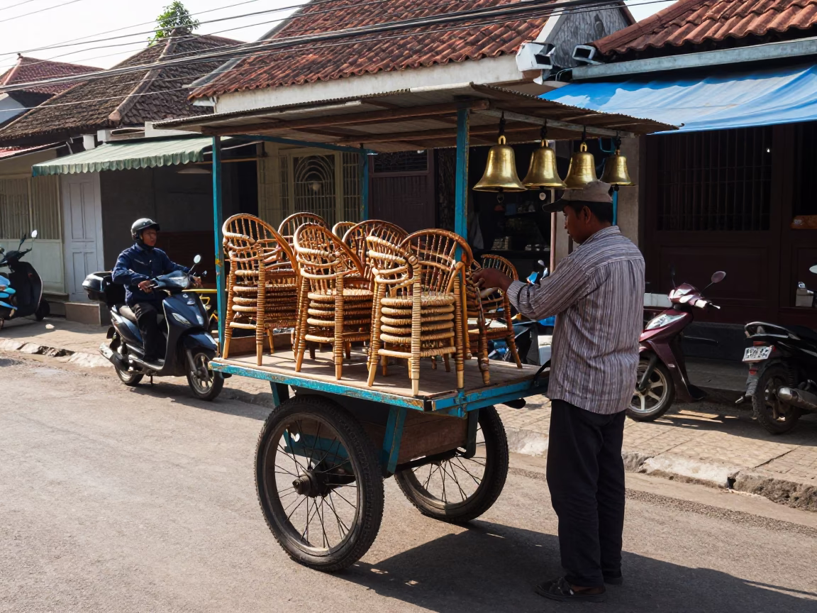 Street Vendor Selling Spindle Chairs and Brass Bells in Yogyakarta in in Yogyakarta, Indonesia