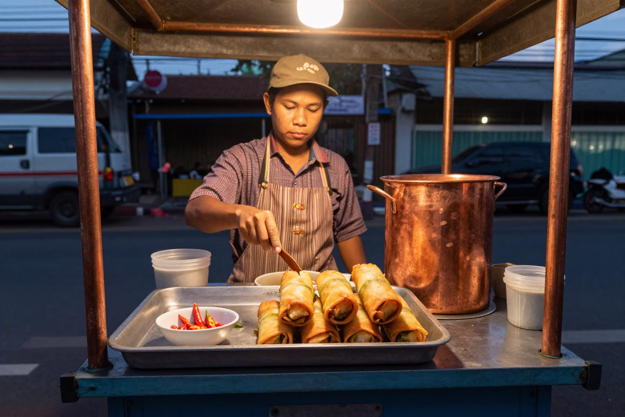 Street Vendor Selling Spring Rolls in Bangkok Before Dusk Copper Light in in Bangkok, Thailand