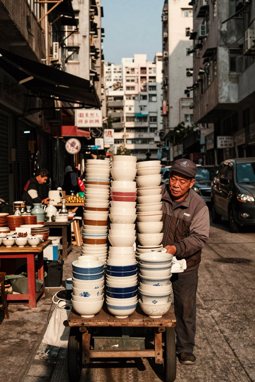 Street Vendor Selling Stacked Pottery and Wares in Clear Late Afternoon Hong Kong Light in in Hong Kong, Hong Kong