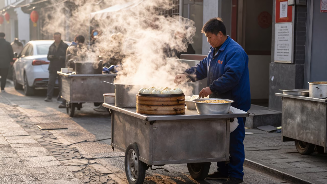 Street vendor selling steaming buns and noodles at dawn in Beijing China in in Beijing, China