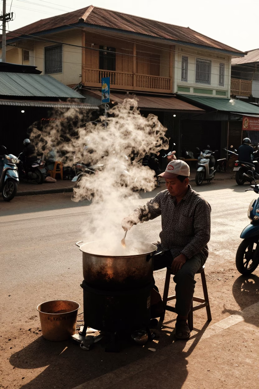 Street Vendor Selling Steaming Hotpot in Phnom Penh Cambodia Early Afternoon in in Phnom Penh, Cambodia