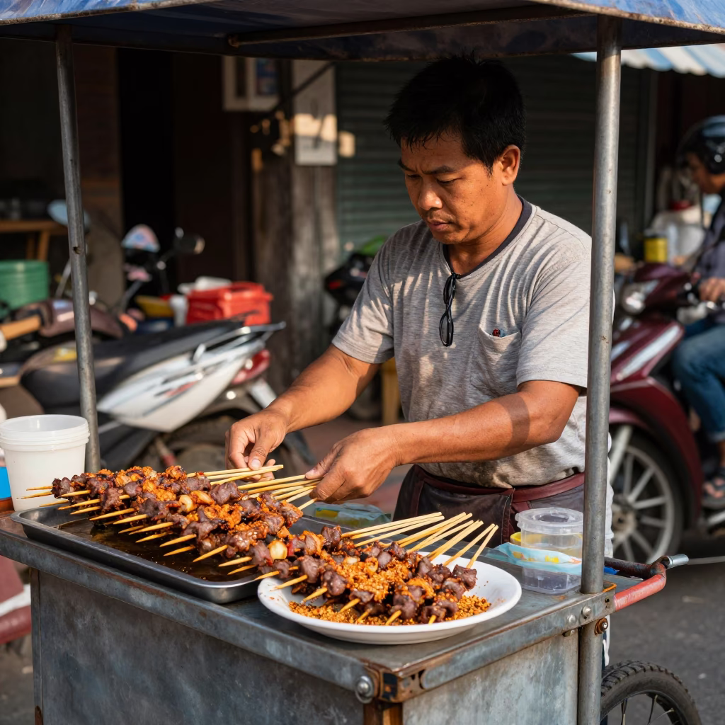 Street Vendor Selling Suya Skewers in Chiang Mai Thailand Early Afternoon in in Chiang Mai, Thailand
