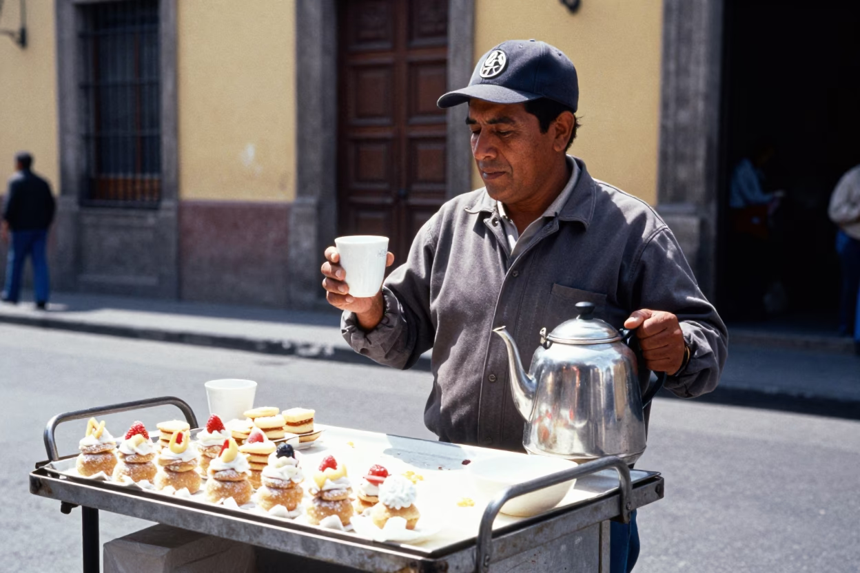 Street Vendor Selling Sweet Treats with Cup and Kettle in Mexico City Midday Light in in Mexico City, Mexico