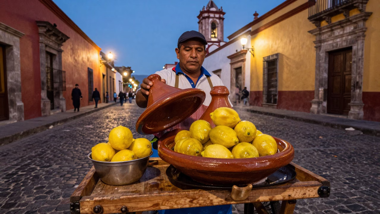 Street Vendor Selling Tagine with Preserved Lemons in Oaxaca Mexico at Dusk in in Oaxaca, Mexico