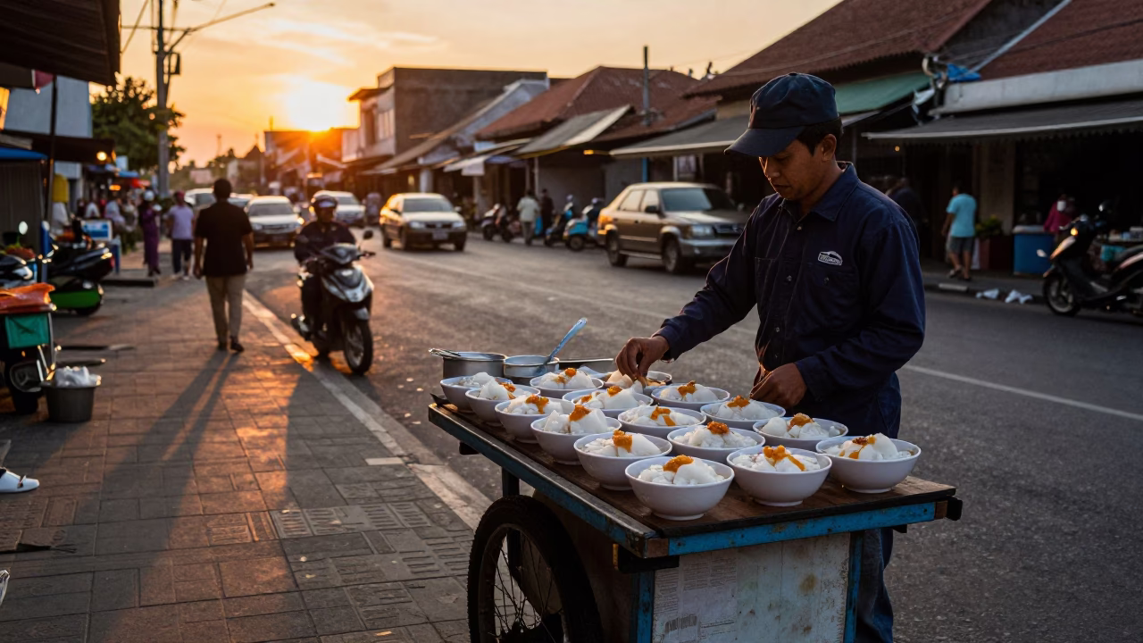 Street Vendor Selling Taho with Syrup in Denpasar Indonesia at Sunset in in Denpasar, Indonesia