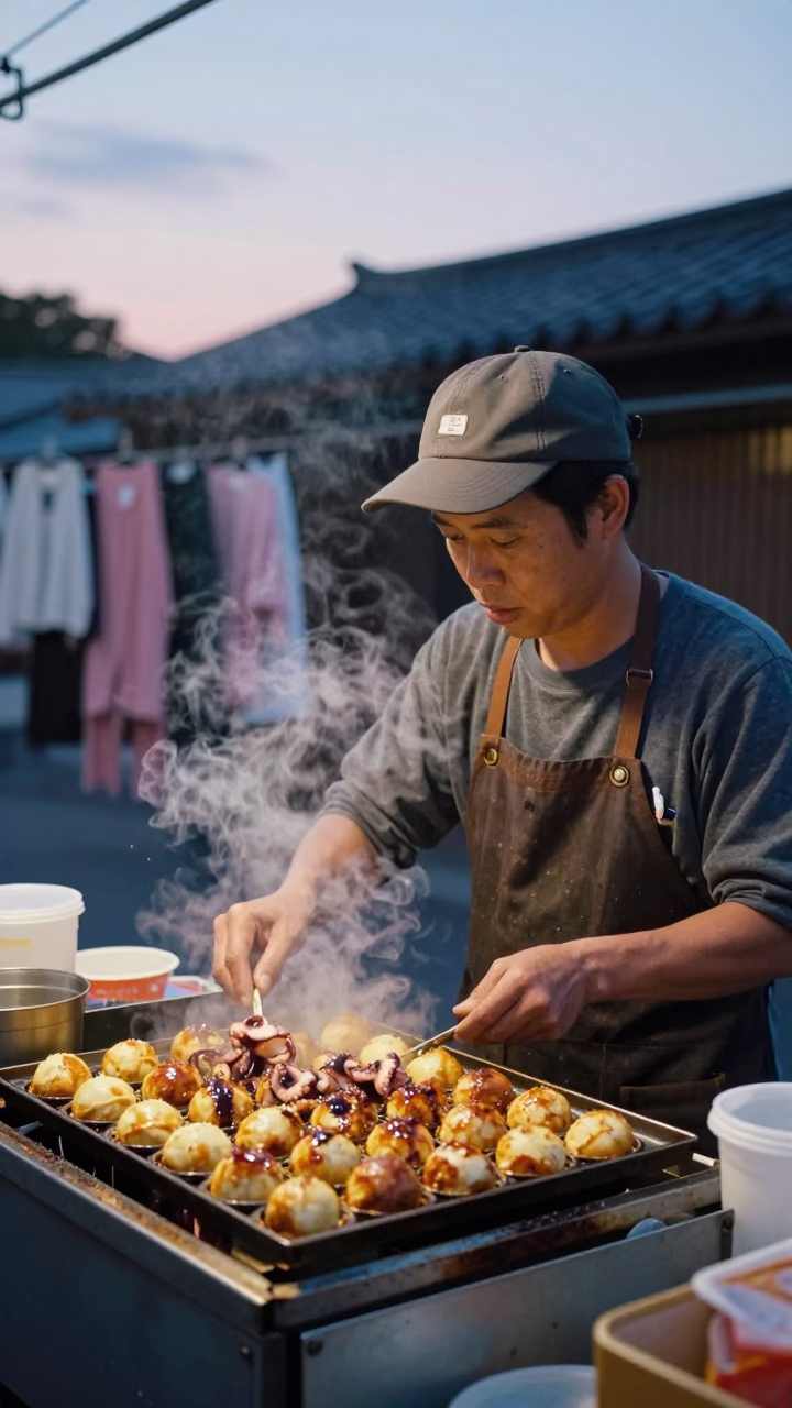 Street Vendor Selling Takoyaki and Clotheslines in Tainan Taiwan Early Evening in in Tainan, Taiwan