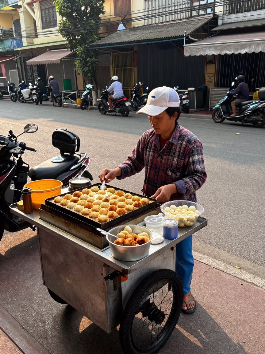 Street Vendor Selling Takoyaki and Pastries in Ho Chi Minh City Vietnam Late Morning in in Ho Chi Minh City, Vietnam