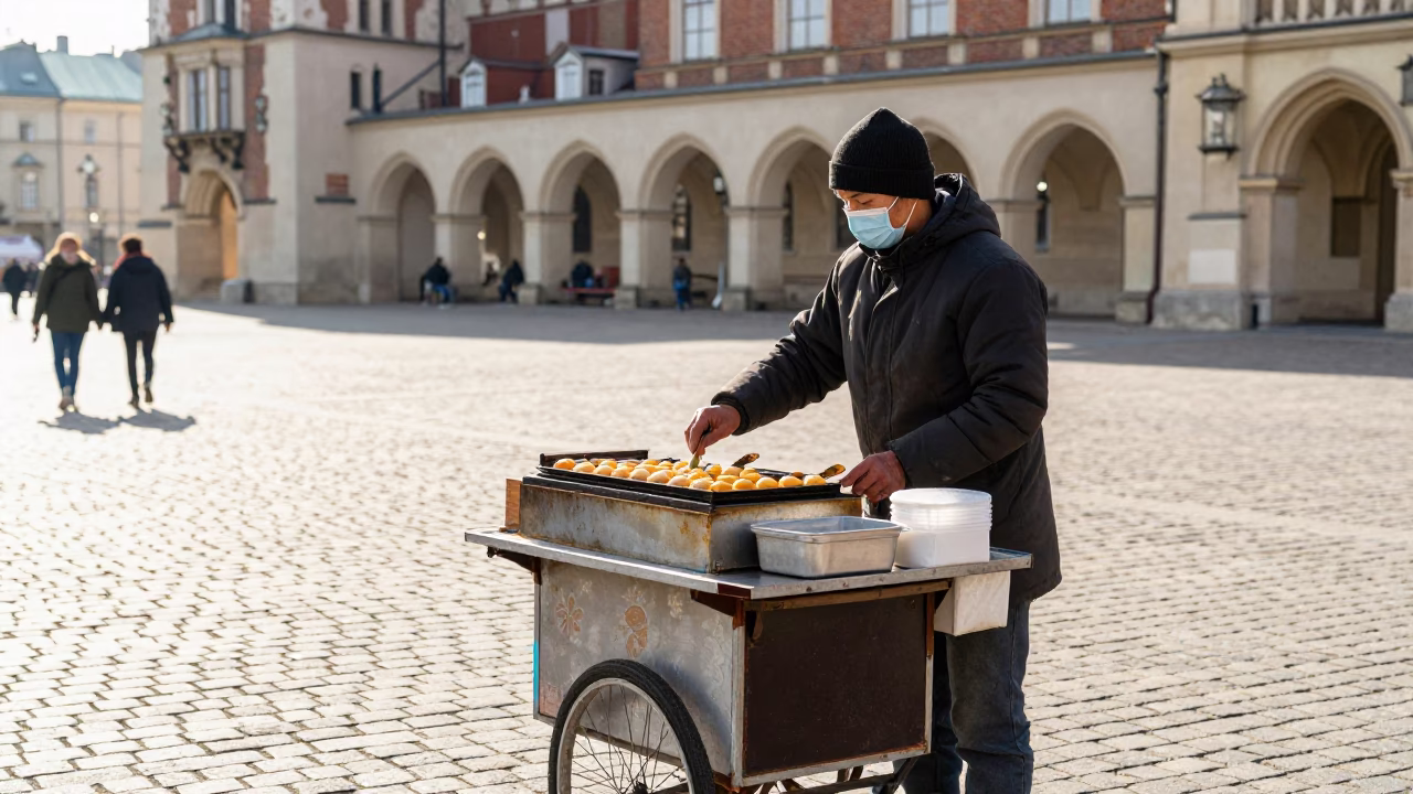 Street Vendor Selling Takoyaki in Bright Midmorning Light in Krakow Poland in in Krakow, Poland