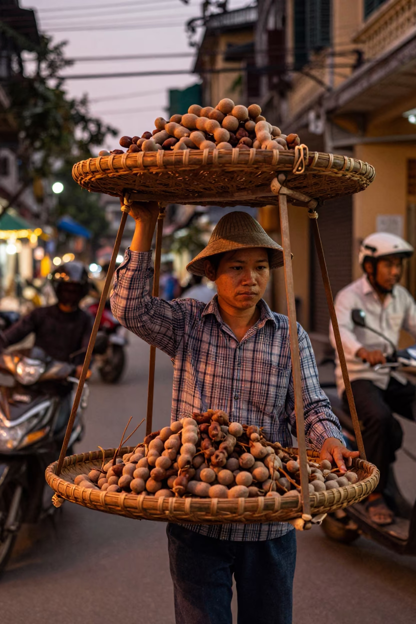 Street Vendor Selling Tamarind Pods in Copper Dusk Light Hanoi Vietnam in in Hanoi, Vietnam