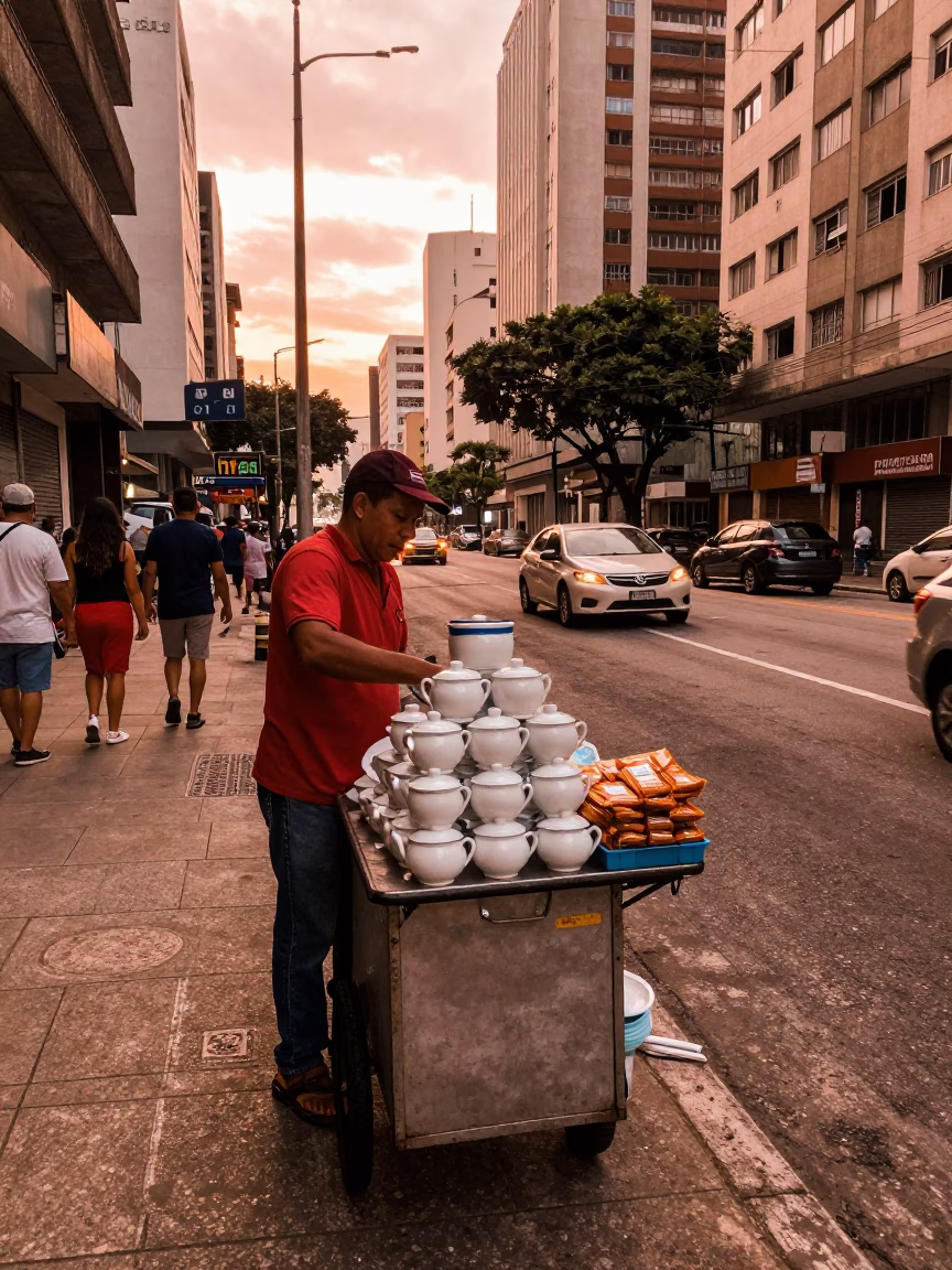 Street Vendor Selling Tea and Snacks on São Paulo Sidewalk in Dusk Light in in São Paulo, Brazil