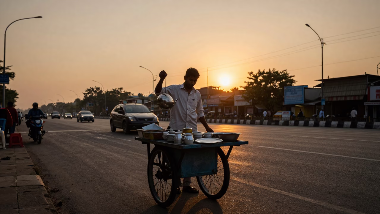 Street Vendor Selling Tea in Kolkata India During Sunset Golden Hour in in Kolkata, India