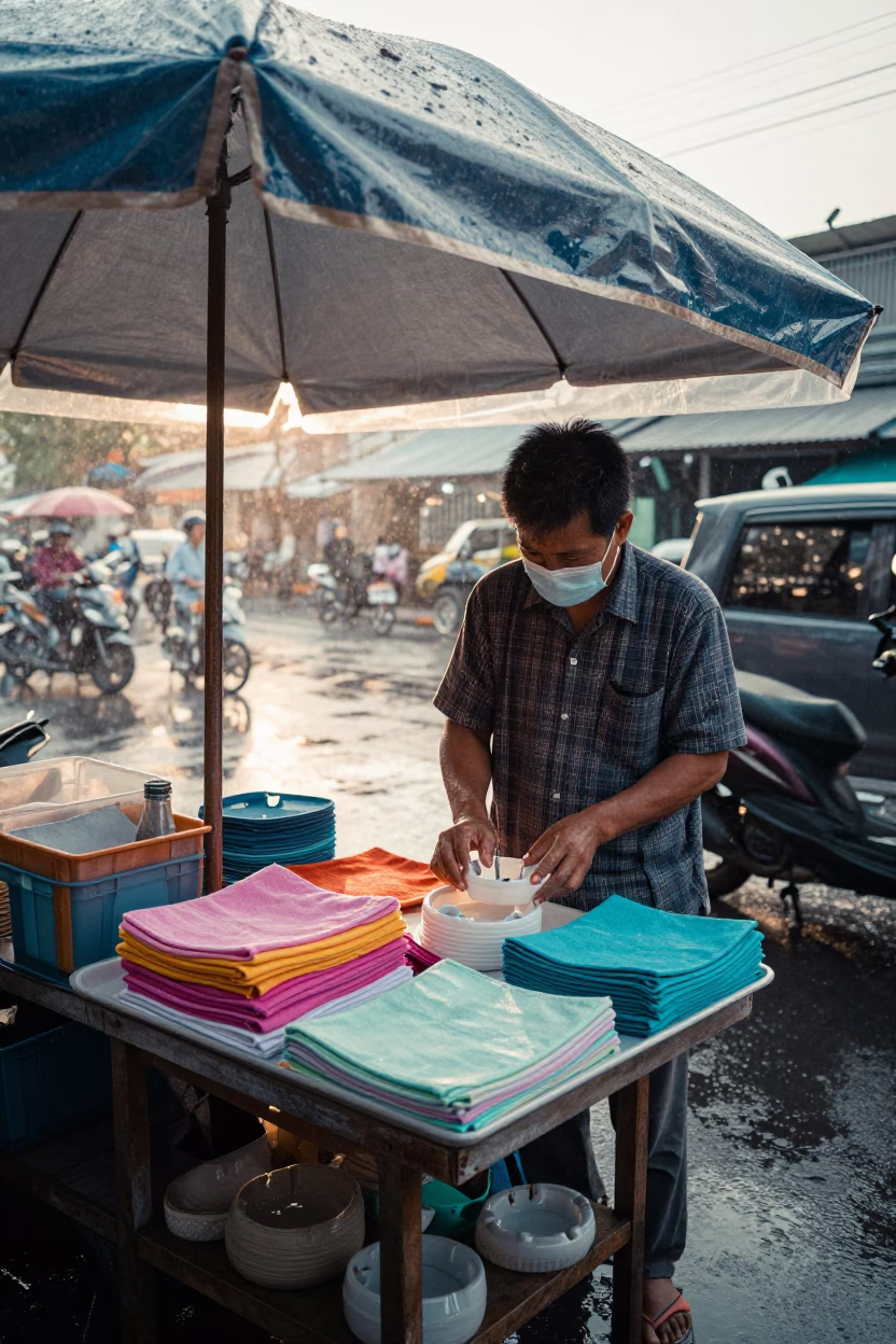 Street Vendor Selling Tea Towels and Ashtrays in Bangkok After Rain in in Bangkok, Thailand