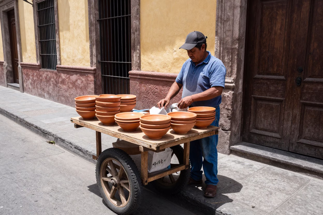 Street Vendor Selling Terracotta Bowls on Mexico City Sidewalk in in Mexico City, Mexico