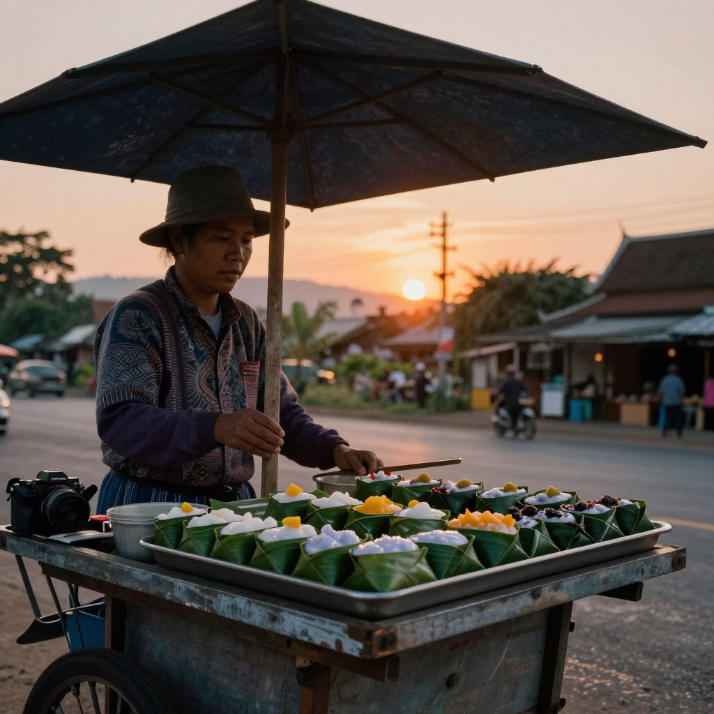 Street Vendor Selling Thai Dessert in Chiang Mai at Sunset in in Chiang Mai, Thailand