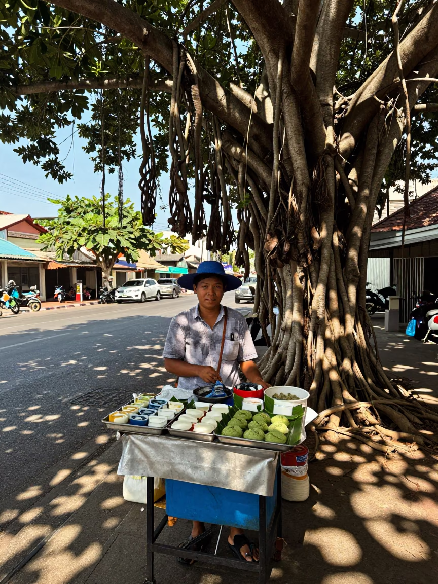 Street vendor selling Thai desserts and banyan tree in Phuket late afternoon in in Phuket, Thailand