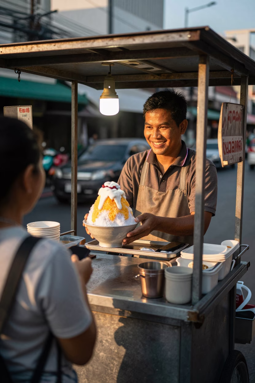 Street Vendor Selling Thai Shaved Ice Dessert in Bangkok at Sunset in in Bangkok, Thailand