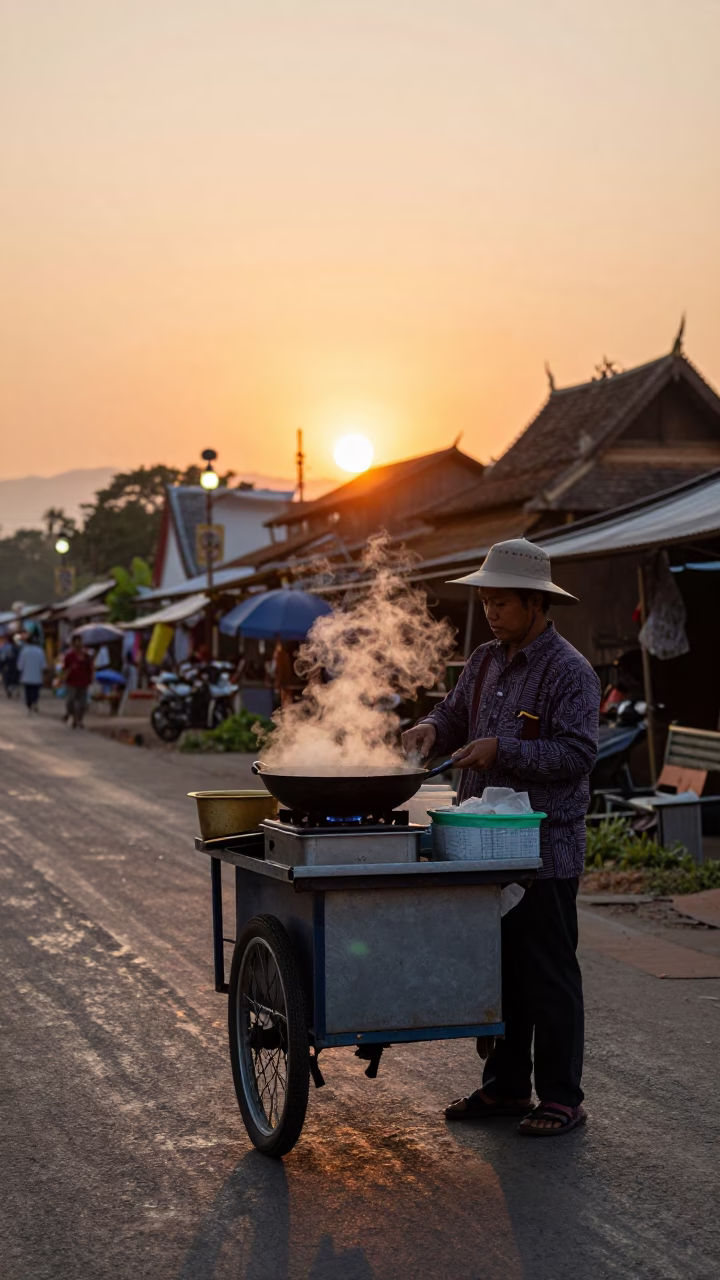 Street Vendor Selling Thai Stew in Chiang Mai at Sunset with Bubbling Skillet in in Chiang Mai, Thailand