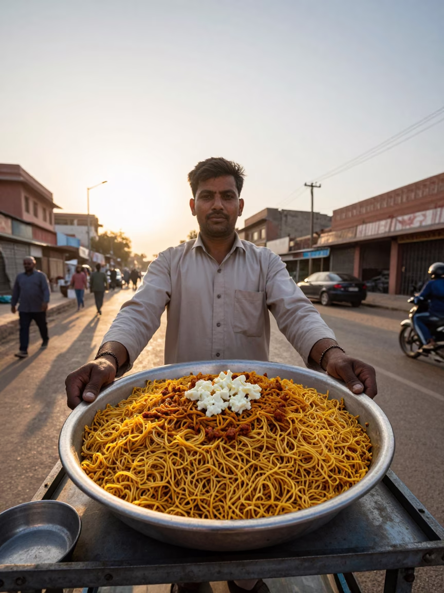 Street Vendor Selling Traditional Indian Rice Dish in Pink City Jaipur Early Evening Light in in Jaipur, India