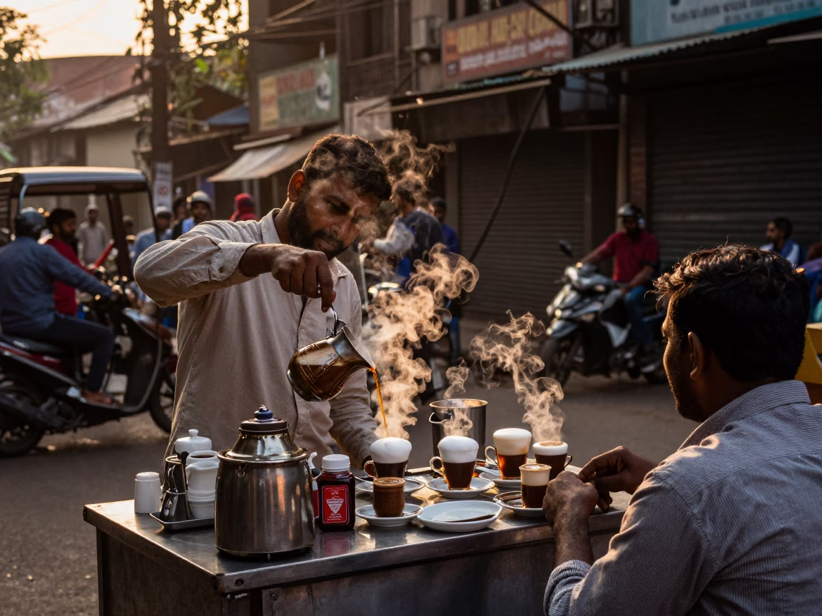 Street Vendor Selling Turkish Coffee in Honeyed Evening Light Mumbai India 1970s in in Mumbai, India