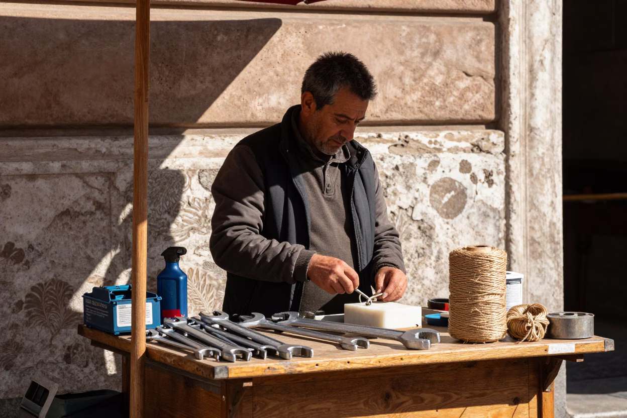Street Vendor Selling Twine and Wrench Tools Under Noon Sun in Rome Italy in in Rome, Italy