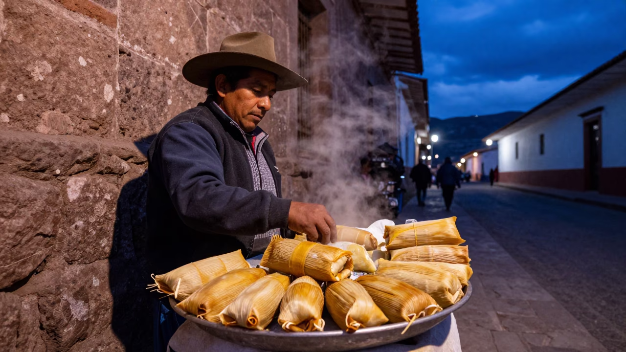 Street Vendor Selling Unwrapped Tamales in Cusco Peru During Indigo Twilight in in Cusco, Peru