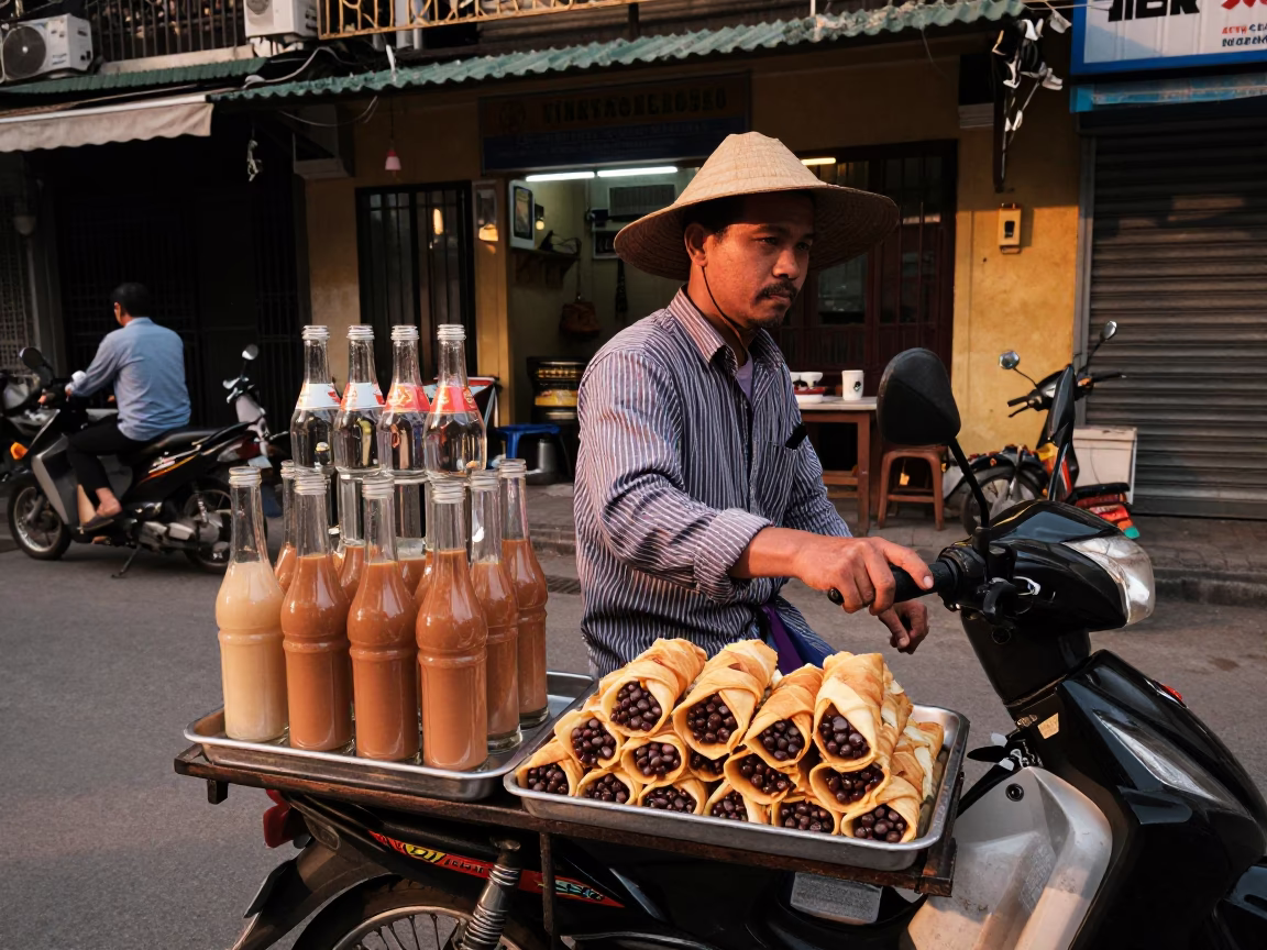 Street Vendor Selling Vietnamese Coffee and Pastries in Hanoi Before Dusk in in Hanoi, Vietnam