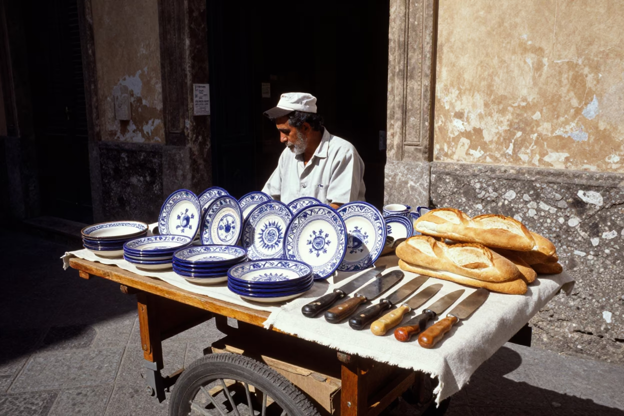 Street Vendor Selling Vintage Majolica Plates and Bread Knives in Palermo Italy Late Morning in in Palermo, Italy