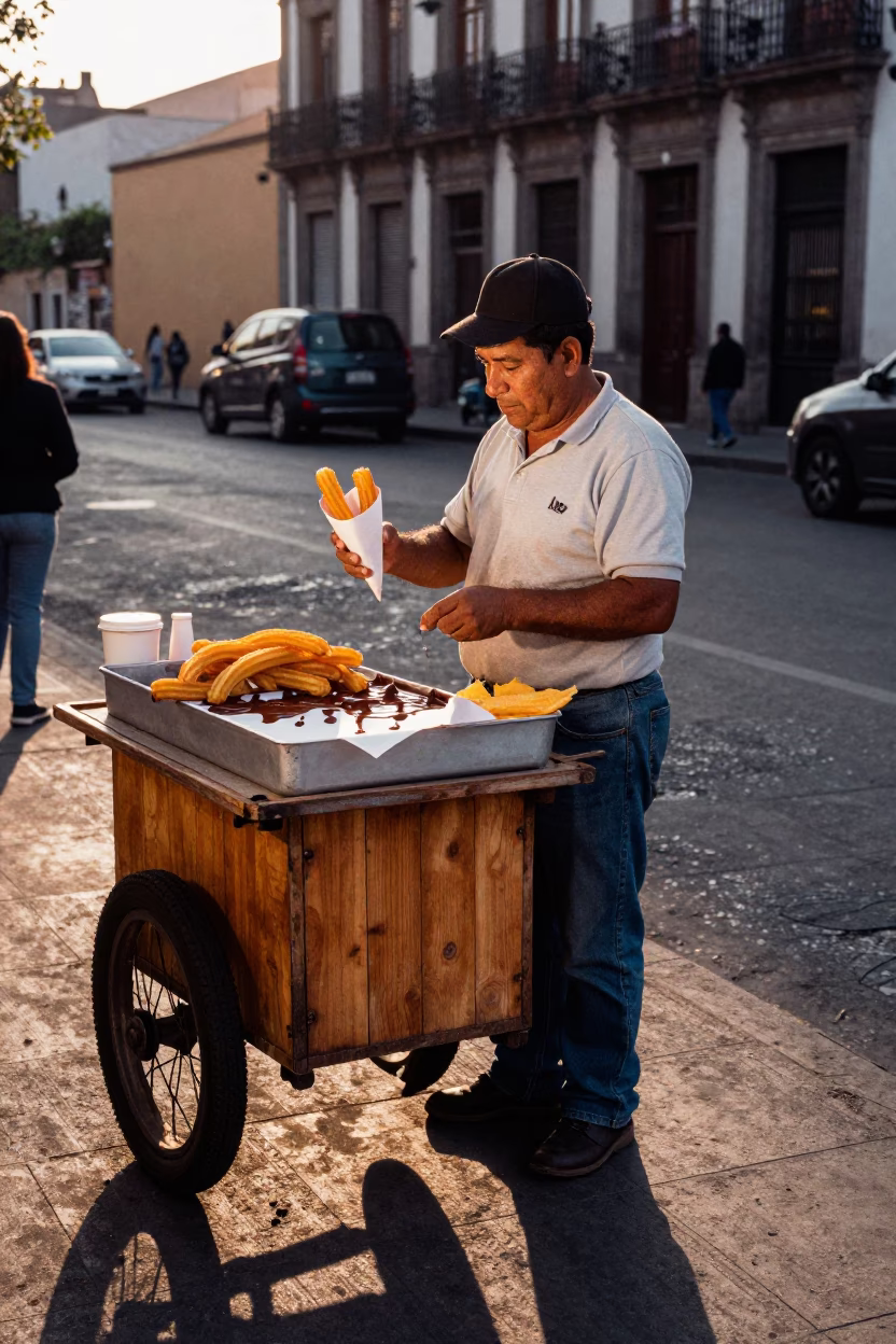 Street Vendor Selling Warm Churros with Chocolate Sauce in Mexico City at Sunset in in Mexico City, Mexico