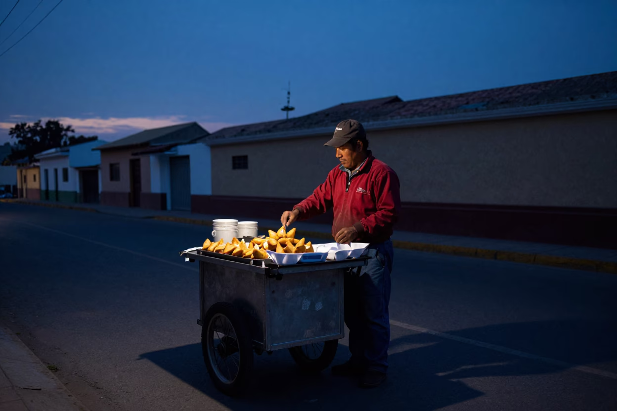 Street Vendor Selling Warm Lumpia in Pre-Dawn Lima Before Dawn in in Lima, Peru