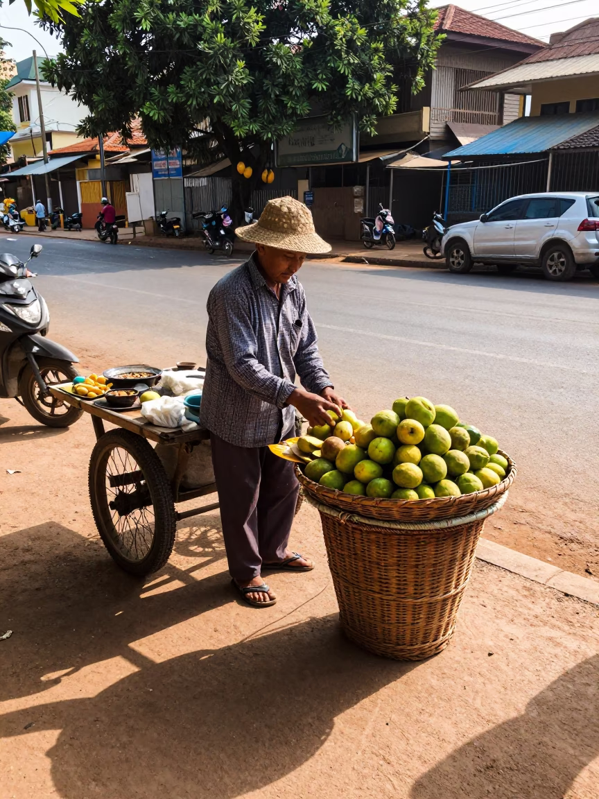 Street Vendor Selling Wicker Basket with Fresh Produce in Phnom Penh Cambodia Afternoon in in Phnom Penh, Cambodia