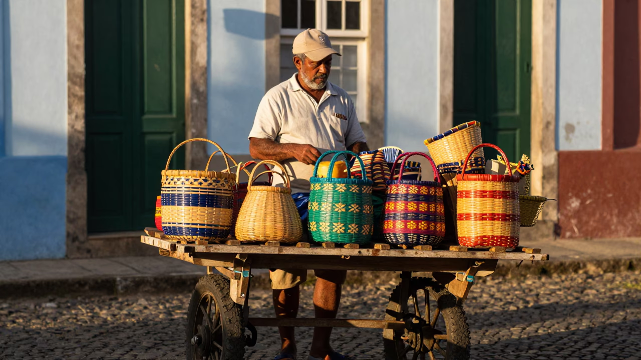 Street Vendor Selling Woven Baskets in Salvador Brazil Late Afternoon Sunlight in in Salvador, Brazil