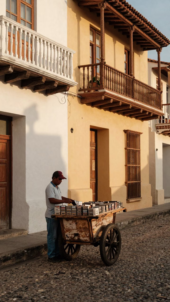 Street Vendor Sells Cassettes Near Colonial Balconies in Cartagena in in Cartagena, Colombia