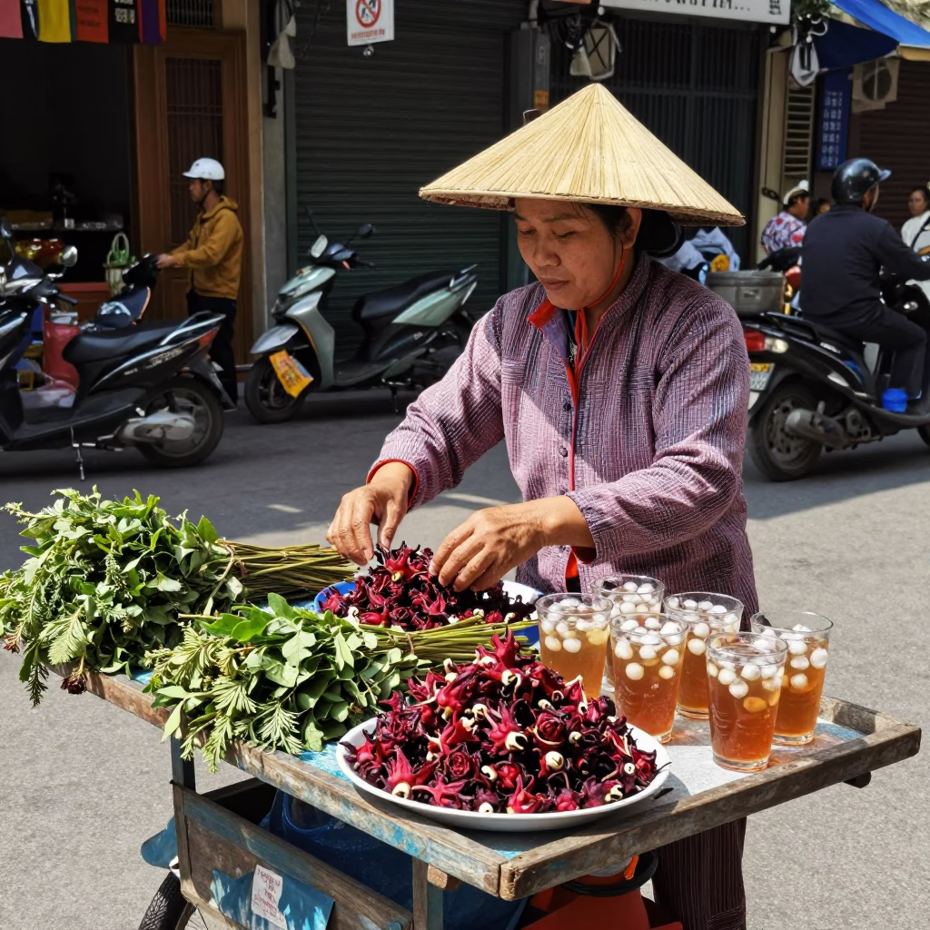 Street Vendor Sells Hibiscus Tea and Herbs in Hanoi Vietnam Noon Light in in Hanoi, Vietnam