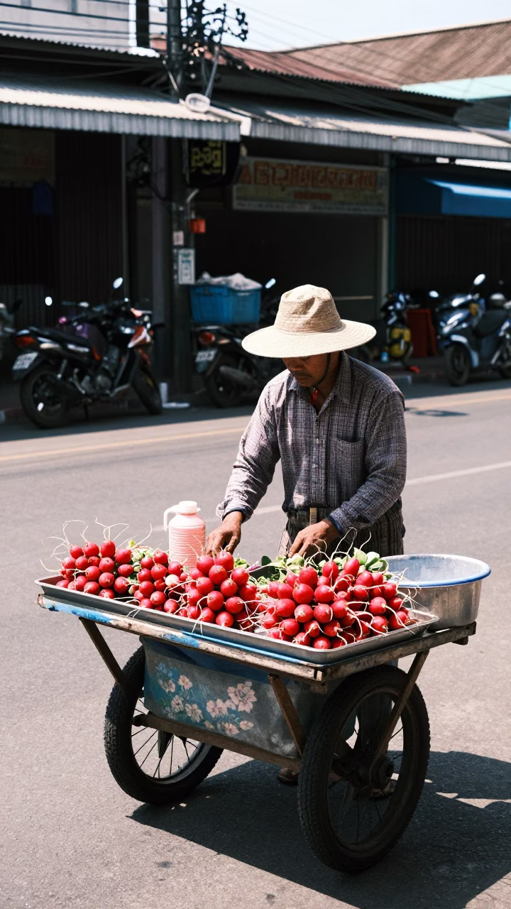 Street Vendor Sells Radishes Under Noon Sun in Phuket Thailand in in Phuket, Thailand