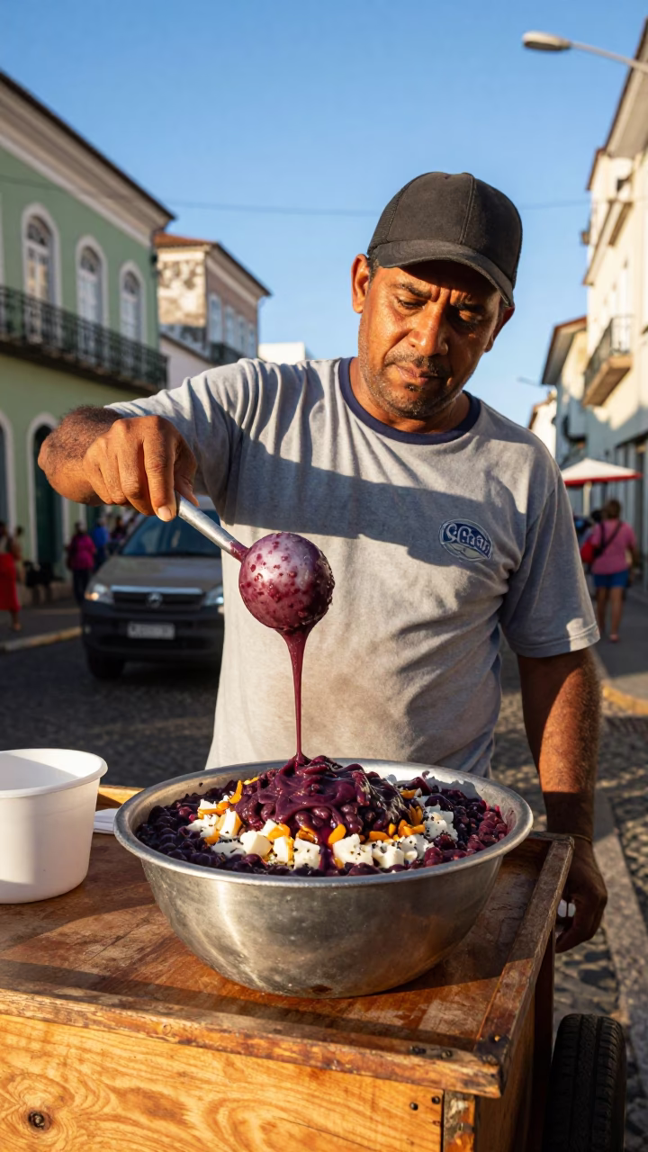 Street Vendor Serving Açaí Bowl in Salvador Brazil Late Afternoon Light in in Salvador, Brazil