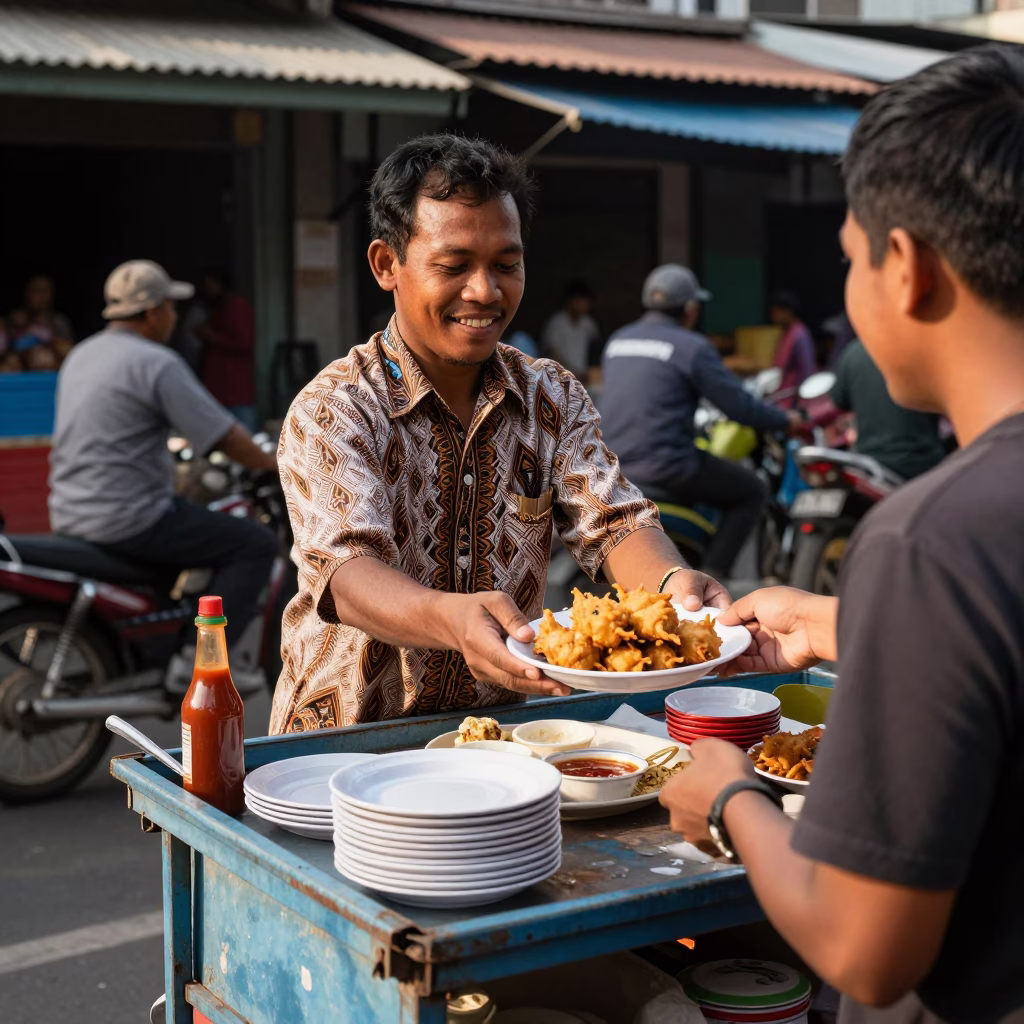 Street Vendor Serving Accra Fritters with Sauce in Yogyakarta Early Afternoon in in Yogyakarta, Indonesia