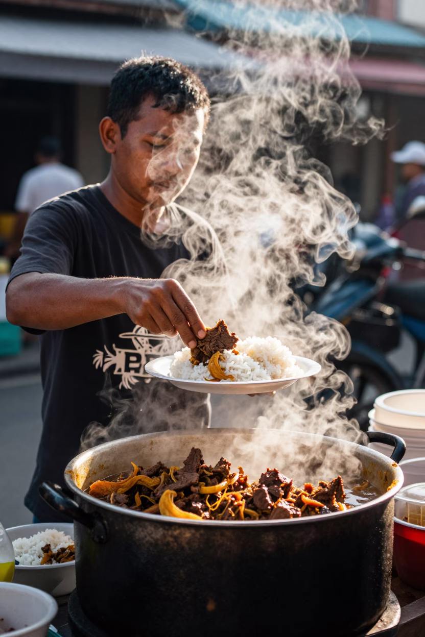 Street Vendor Serving Beef Rendang and Steamed Rice in Denpasar Indonesia Late Morning in in Denpasar, Indonesia