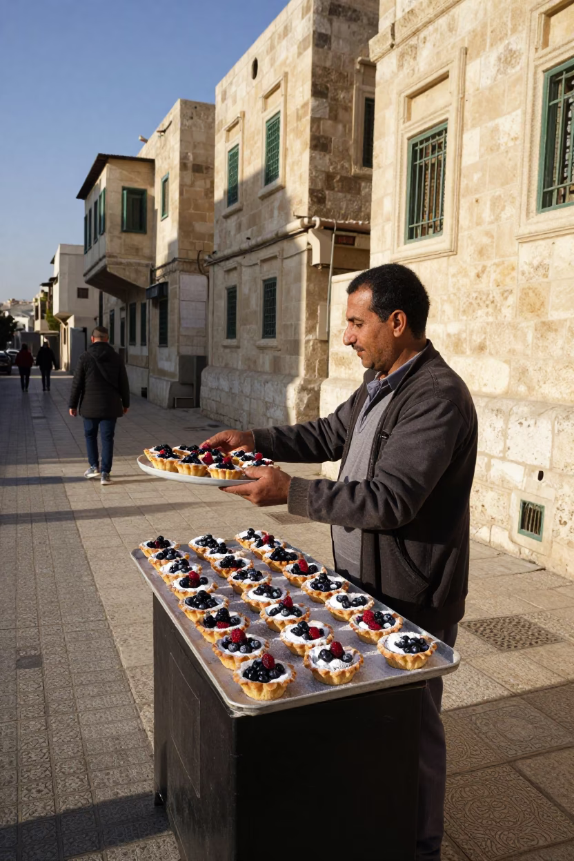 Street Vendor Serving Berry Tart with Powdered Sugar in Downtown Amman Jordan Early Afternoon in in Amman, Jordan