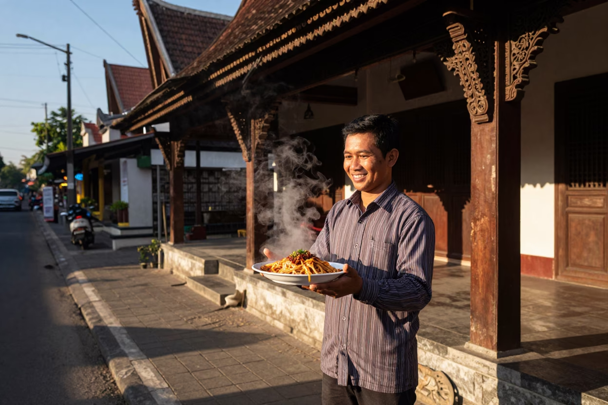 Street Vendor Serving Bibim Guksu in Yogyakarta Indonesia Late Afternoon Light in in Yogyakarta, Indonesia