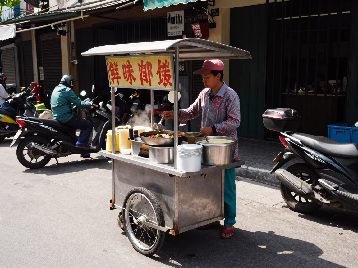 Street Vendor Serving Bibimbap in Ho Chi Minh City Under Noon Sun in in Ho Chi Minh City, Vietnam