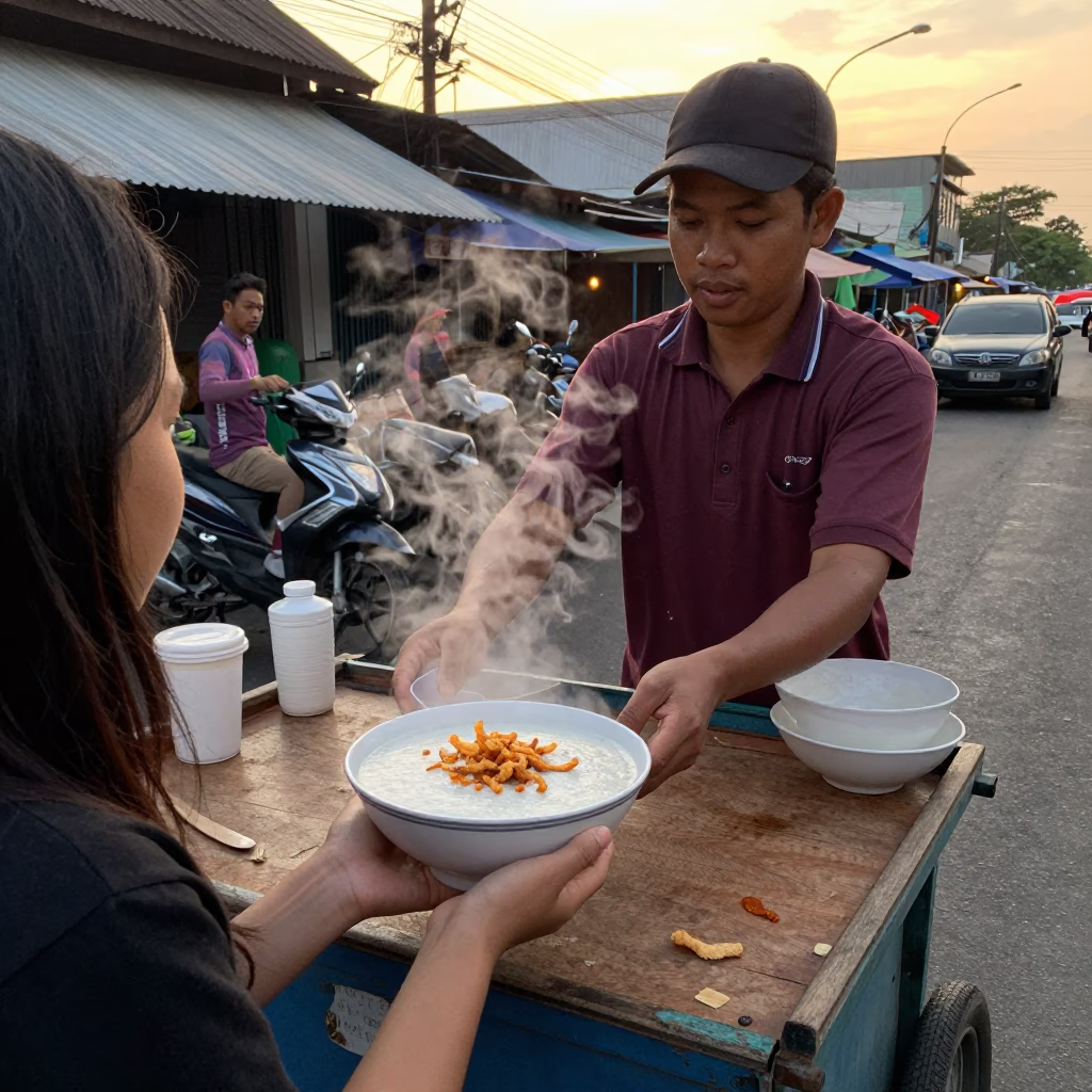 Street Vendor Serving Bowl of Congee with Crispy Shallots in Surabaya Indonesia Early Evening in in Surabaya, Indonesia
