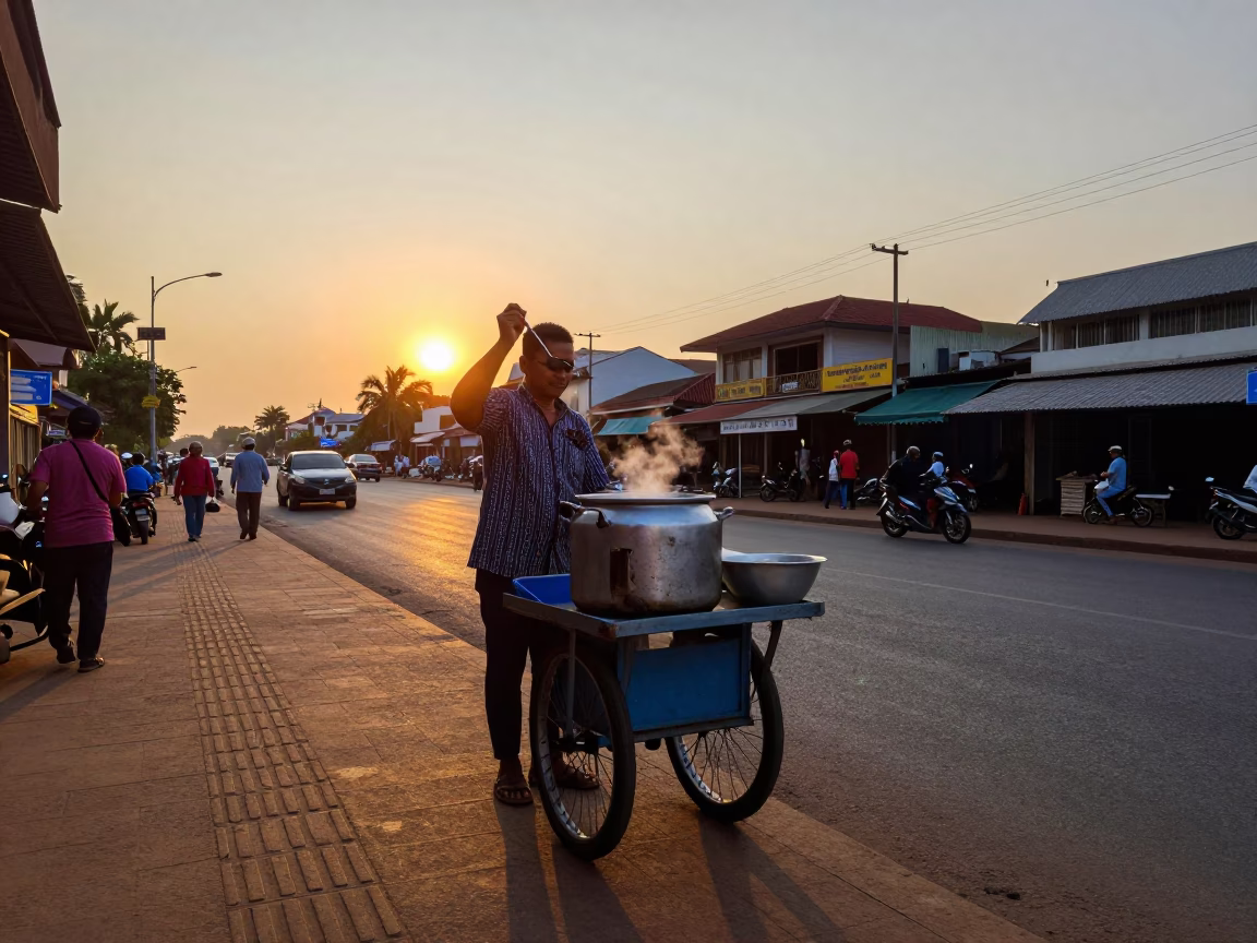Street Vendor Serving Bubur Ketan Hitam at Sunset in Phnom Penh Cambodia in in Phnom Penh, Cambodia